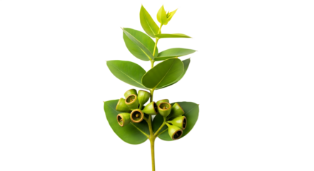 Isolated single eucalyptus branch with fresh green leaves and unique seed pods, perfect for aromatherapy, herbal remedies, and botanical decor, symbolizing natural wellness