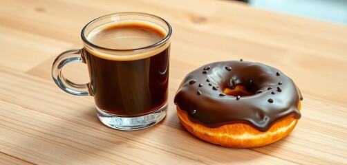 A steaming glass of coffee beside a chocolate donut on a light wood table, sweet, wood
