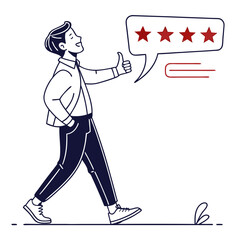 Happy man walking and giving a thumbs up with four stars in a speech bubble showing a great review