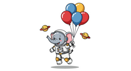 Naklejka premium Elephant astronaut with balloons and planets in space