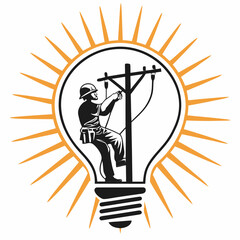 Lineman working on power lines inside a light bulb symbolizing electricity and innovation