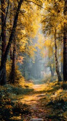 Obraz premium Forest path in autumn sunlight