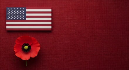 Obraz premium Usa flag and red poppy on textured background - memorial day or veterans day symbolism concept for commemoration and remembrance