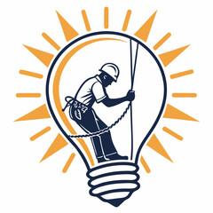 Skilled worker rappelling inside a glowing light bulb symbolizing innovation and bright ideas