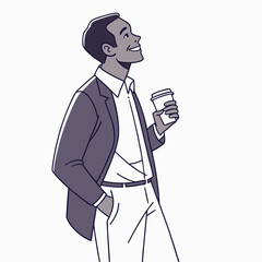 Smiling businessman in a suit holding a coffee cup with one hand in his pocket looking up