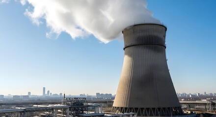 Industrial cooling tower emitting steam against urban skyline on clear day for environmental awareness theme