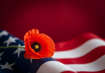 American flag with vibrant red poppy symbolizing patriotism and remembrance