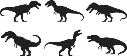 Collection of Tyrannosaurus dinosaur silhouettes vector illustration, prehistoric animal poses, Jurassic creatures, ancient reptiles, wild predator icons, black shadow designs