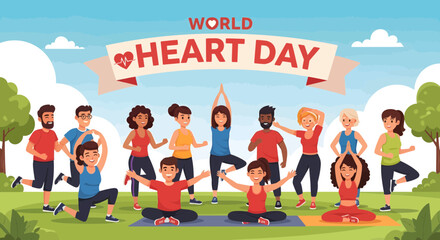 People of Diverse Backgrounds Practicing Yoga and Fitness Outdoors for World Heart Day Celebration