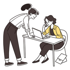 Two women collaborating at a desk with a laptop one standing and one sitting discussing work