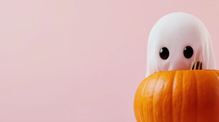 Cute halloween ghost peeking out of a pumpkin against a pastel pink background
