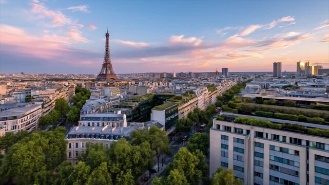 High-angle view of Paris cityscape at sunset, showcasing the Eiffel Tower and urban architecture.