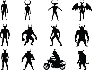 Demon silhouettes collection, horned monster vector illustration, fantasy creature shadow design, evil devil character artwork, mythical beast figure, Halloween dark scary graphic elements