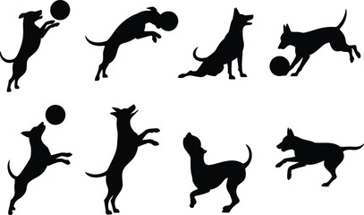 Dog silhouettes playing with ball, jumping, running, sitting, standing vector illustration, pet animal shadow design, playful puppy activity collection artwork