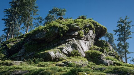 Rocky outcrop covered in lush vegetation