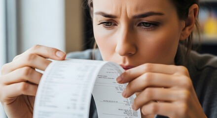 Concerned woman examining receipt for financial planning or budget management concept