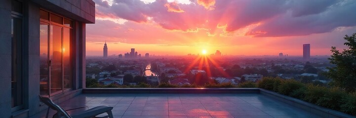 Serene rooftop scene at dawn, perfect for relaxation and mindfulness  Peaceful cityscape view, sunrise light bathes the scene , urban, reflection