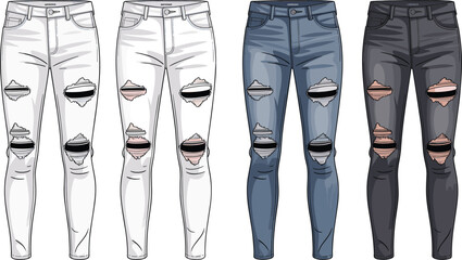 Trendy ripped skinny jeans design, fashionable distressed denim pants, modern women streetwear, stylish casual wear bottoms, edgy fashion illustration, detailed apparel sketch, urban outfit