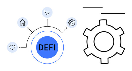 Central DeFi hub linked to icons of home, shopping cart, gear, and heart. Ideal for fintech, blockchain, technology, decentralized finance, modern workflows online services and a simple landing