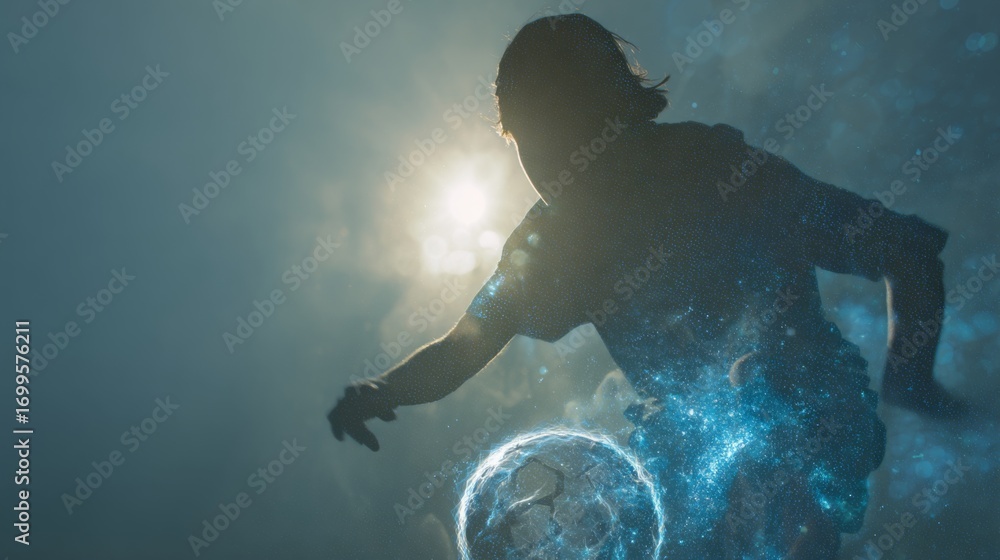 Aufkleber ethereal double exposure of a blind soccer player with glowing elements in abstract composition