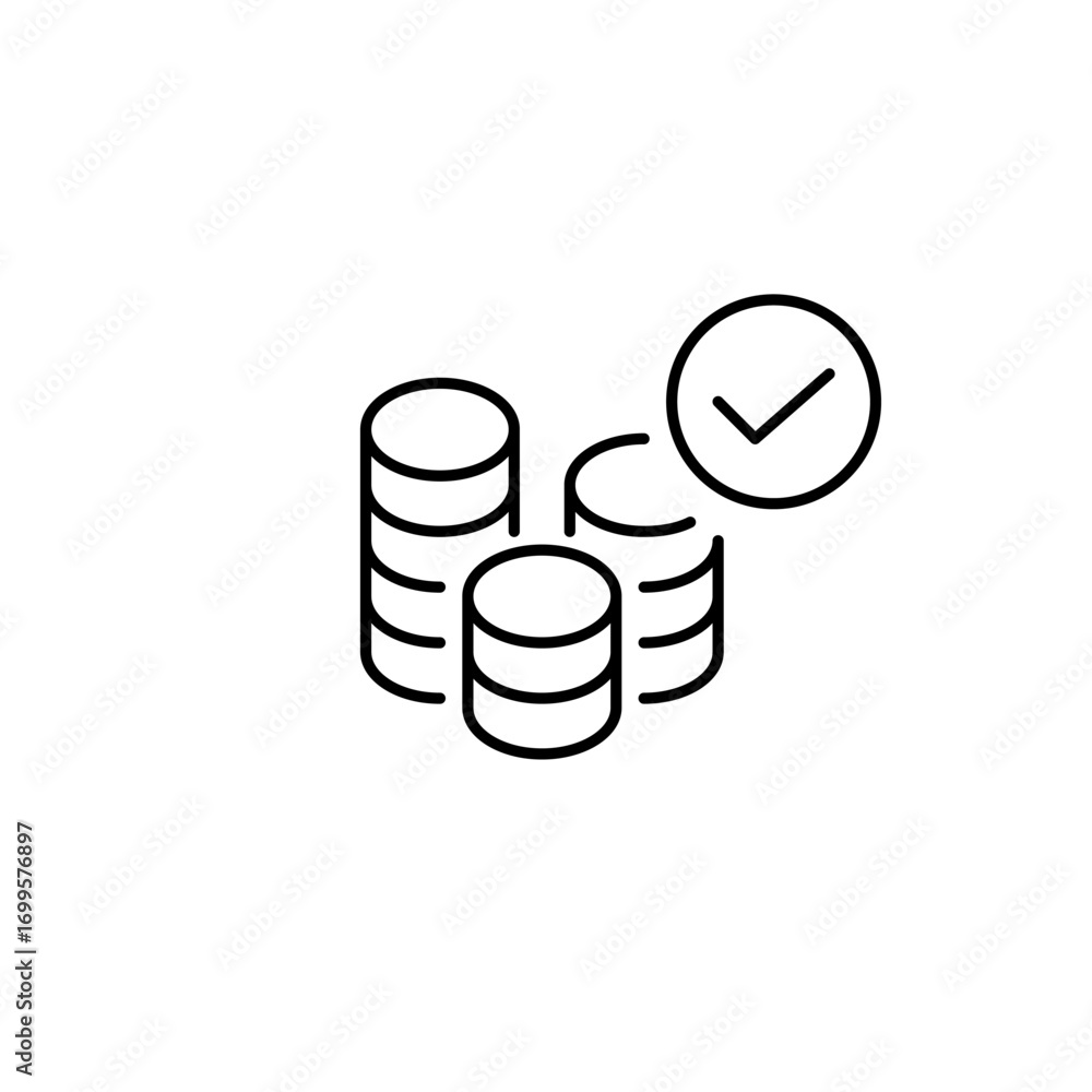 Poster stack of coins and checkmark. secure finances and investments. savings account protected. pixel perf