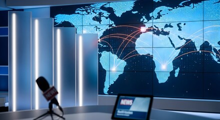 Global newsroom concept with digital world map display featuring international connections visualization