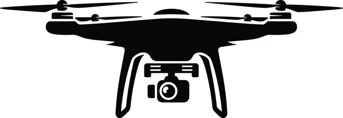 Quadcopter drone, drone silhouette, aerial camera, flying drone, surveillance technology, propeller drone, front view, flat vector illustration
