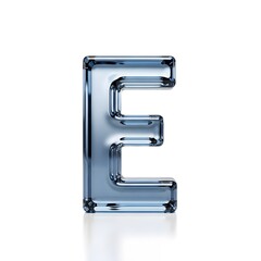 Glass Letter E,  3D Render,  Blue Hue, Crystal Alphabet, Transparent,  Clean Design,  Isolated on White Background