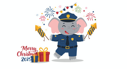 Cute elephant police officer celebrating with fireworks and gifts