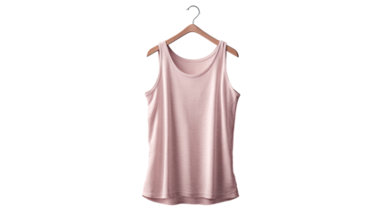 A pale pink sleeveless top hangs on a wooden hanger.  The top is simple, with a round neckline and a relaxed fit