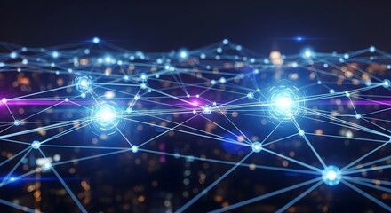 Futuristic digital network background with glowing connection nodes in night cityscape for technology design