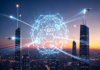 Futuristic 6g network concept with digital hexagon and drones in modern city skyline at sunset