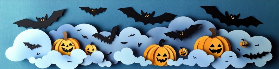 Halloween scene with paper pumpkins and bats flying over blue paper clouds