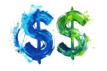 Blue and green dollar sign watercolor illustration, finance currency symbol, money icon, business graphic isolated on transparent background