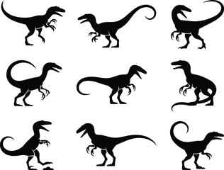 Set of dinosaur silhouettes, velociraptor vector illustration, prehistoric reptile design, Jurassic predator poses, black dinosaur outline artwork, ancient animal graphic collection