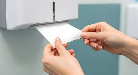 Hand using paper towel dispenser in restroom for cleanliness and hygiene concept