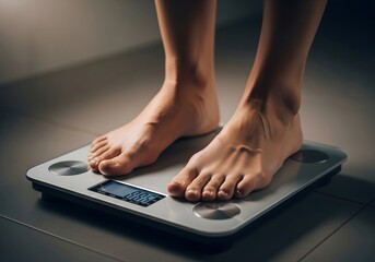 Fototapeta premium Morning routine focus on health and wellness featuring a person weighing themselves on a digital scale in a minimalist setting