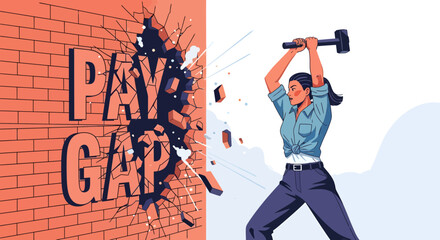 Woman Smashing Brick Wall Symbolizing the Pay Gap with Sledgehammer