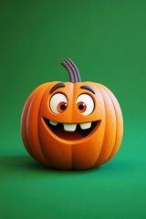 Cheerful cartoon pumpkin with a big smile against a solid green background