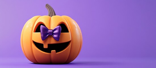 Halloween pumpkin wearing a purple bow tie against a solid purple background