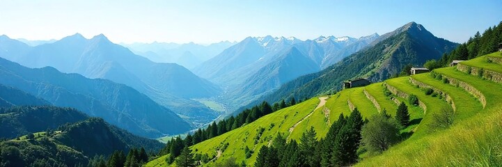 Obraz premium Serene mountain landscape, meticulously sculpted terraces rising in layers towards a clear blue sky Perfect for travel, nature, and environmental themes , environment, stone