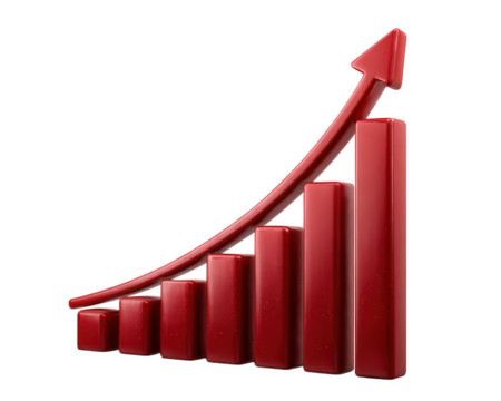 Rising red bar graph with upward arrow, glossy 3D business chart, financial growth, success, and positive trend concept, isolated on transparent background