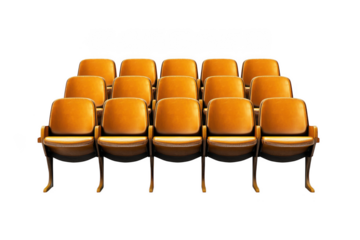 Rows of empty theater seats, auditorium seating, movie cinema chairs, golden yellow color, png, graphic resource, isolated on transparent background
