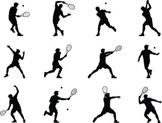  Silhouettes of tennis players with rackets, sport athlete poses collection, vector illustration, competitive tennis actions, professional game movements, black isolated design