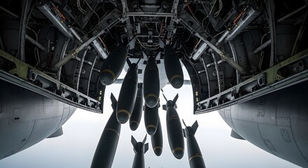 Aerial view of bomb bay with multiple suspended bombs inside military aircraft preparing for deployment