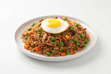 Fried rice served on a white plate, mixed with vegetable, topped with a single fried egg