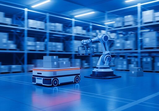 Automated warehouse technology with robotic arm and autonomous vehicle for efficient logistics solutions