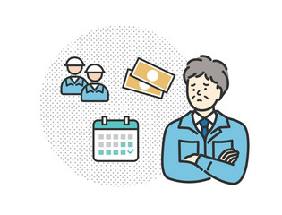 悩んでいる　ミドル　シニア　中年の作業服の男性のアイコンイラスト
