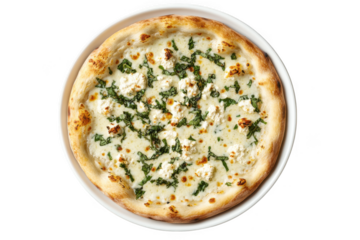 Delicious white pizza with ricotta cheese, basil, and a crispy crust stock food photo image isolated on transparent background