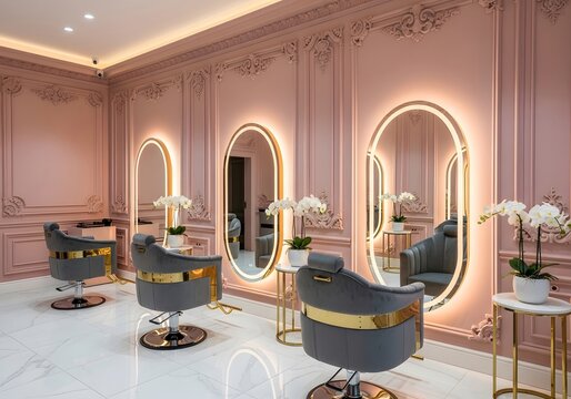 Luxurious pink beauty salon interior with elegant mirrors and ornate decor